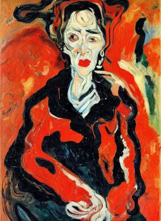 Image similar to an oil portrait of an extremely interesting looking woman in a black fury coat and red dress, a sophisticated composition, in expressive style of Chaim Soutine and Frank Auerbach and Van Gogh, complimentary palette