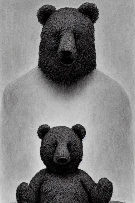 Prompt: official presidential portrait of a teddy bear, from the terrifying and incomprehensible america, body horror, by gerard brom, zdzisław beksinski and ansel adams