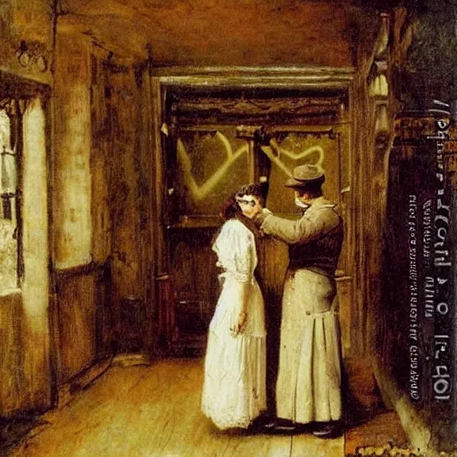 Image similar to young victorian man and woman solving a riddle in a dungeon, by alfred stevens