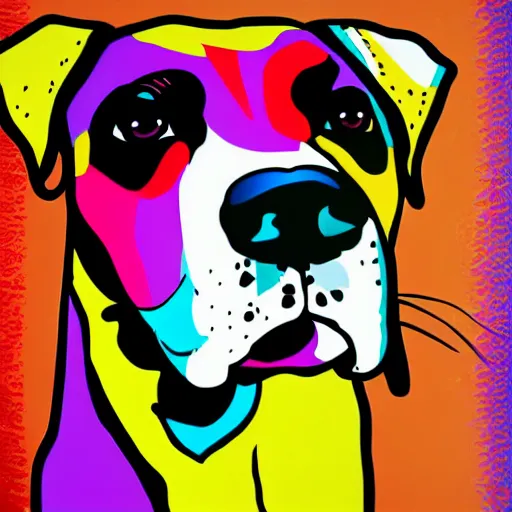 Image similar to colorful pop art of a Dog’s head, black background