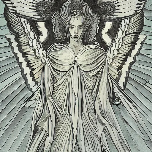 Image similar to giant imposing seraphim with many eyes and many wings, glowing, terrifying