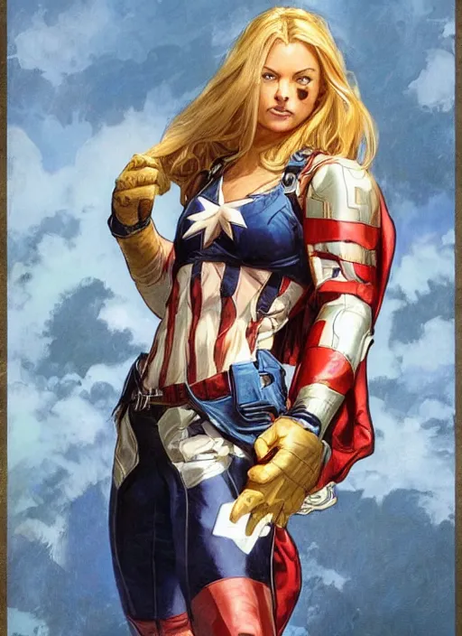 Prompt: toned young april with a mischievous face and extremely long blonde wavy hair dressed as superhero in her early 2 0 s, posing with hands behind back, captain america, tight fit, intricate detailed face, artgerm, greg rutkowski, alphonse mucha