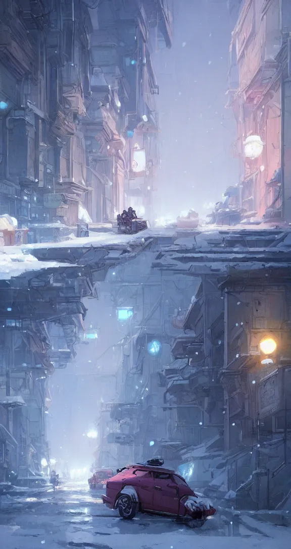 Image similar to Parked in a snowy city, bright, by Studio Ghibli and Greg Rutkowski, artstation
