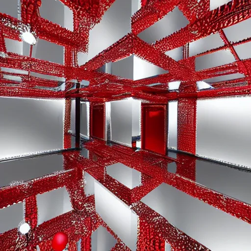 Prompt: chrome spheres on a red cube, mirror room