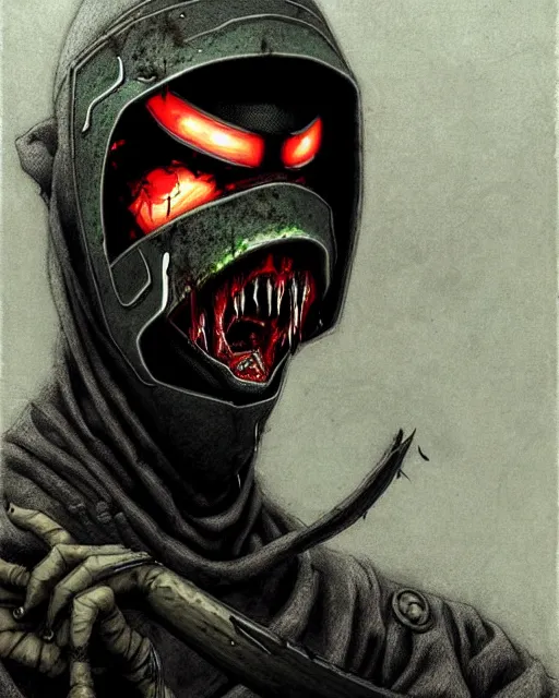 Image similar to genji the cyber ninja from overwatch, zombie ninja, zombie, character portrait, portrait, close up, concept art, intricate details, highly detailed, horror poster, horror, vintage horror art, realistic, terrifying, in the style of michael whelan, beksinski, and gustave dore