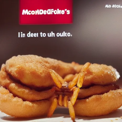 Prompt: advertisement for the new mcdonalds fried spider. Deep fried spider at mcdonalds ad.