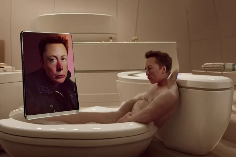 Image similar to hyperrealism aesthetic ridley scott and caravaggio and denis villeneuve style photography of a detailed giant elon musk, siting on a detailed ultra huge toilet and scrolling his smartphone in hyperrealism scene from detailed art house movie in style of alejandro jodorowsky and wes anderson