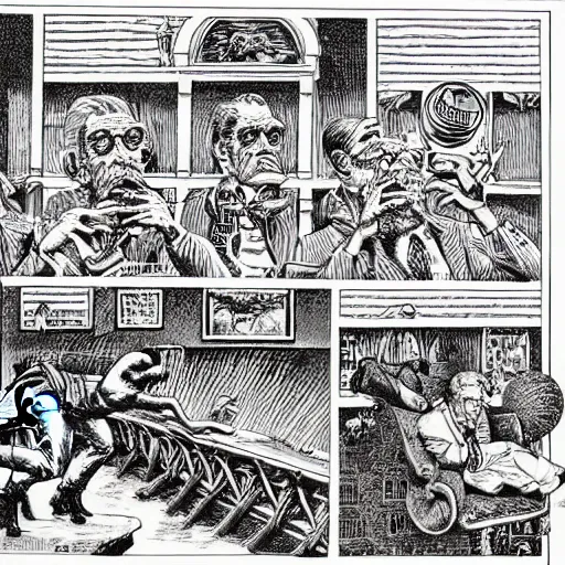 Image similar to a six panel pen and ink surrealist comic strip robert crumb jack davis mc escher masterpiece perfect composition very strange - w 1 0 2 4