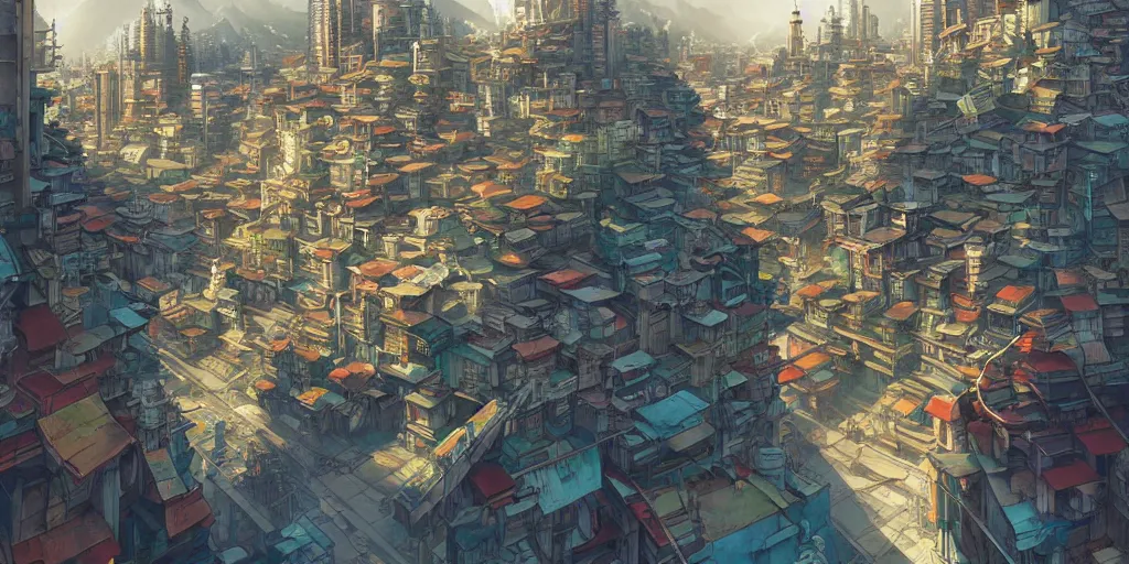 Prompt: Anime vajrayana Tibetan cityscape, Ghost in the Shell, Tekkonkinkreet, favelas, temples, cinematic matte painting concept art, by Andreas Rocha