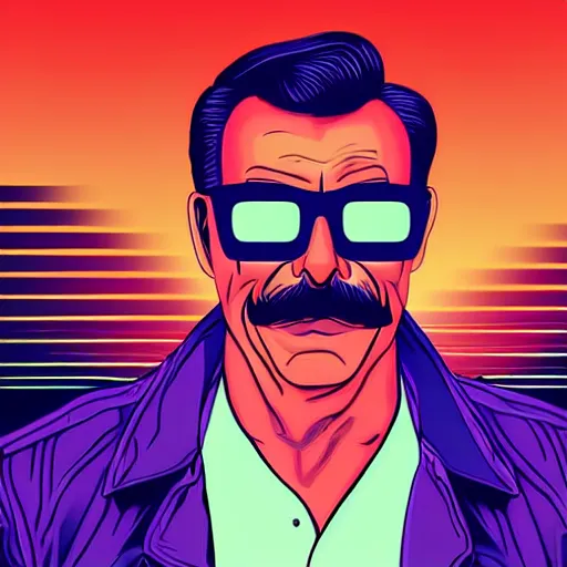 Image similar to portrait of tom selleck with light blue shutter shades in front of a sunset, a dark purple leather jacket, vector art by jan tengnagel, pixabay contest winner, retrofuturism, retrowave, synthwave, outrun