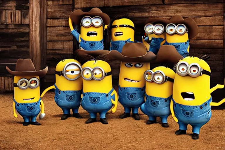 Image similar to minion cowboy saloon shootout, 3 5 mm scene from a western movie, 1 9 8 6, color