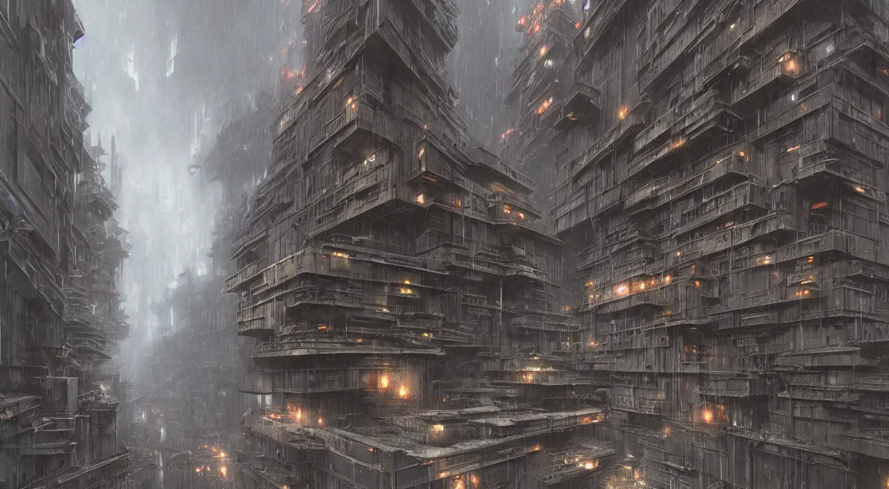 Image similar to highly detailed brutalist architecture city, star wars imperial style, while it's raining, stephen bliss, unreal engine, fantasy art by greg rutkowski, loish, rhads, ferdinand knab, makoto shinkai, ilya kuvshinov, rossdraws, global illumination, radiant light, detailed and intricate environment