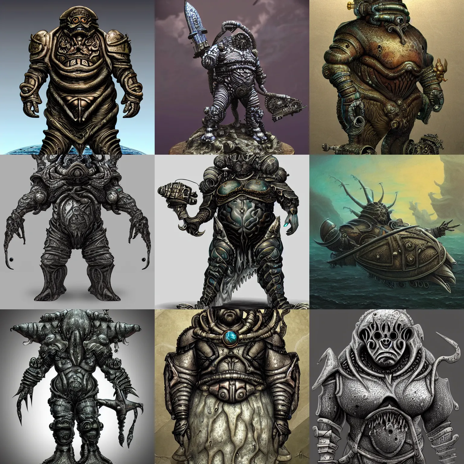 Prompt: fat poseidon in ancient alien ocean lovecraftian sci-fi bathyscaphe armor, in the style of giger, stylized, highly detailed, trending on artstation, award winning, painted warhammer miniature