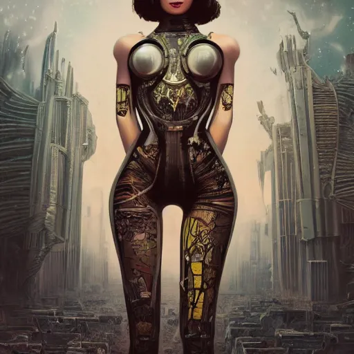 Prompt: Ultrarealist illustration of a very beautiful dollpunk wearing Abstract tech bodysuit, in front of a ruined city, focus, realistic eyes, symmetric body features proportions, golden ratio, ultra intricate details, award winning, unreal render, by Tom Bagshaw