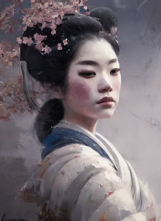 Image similar to female geisha girl, beautiful face, intricate outfit, spotlight, by greg rutkowski, by jeremy mann, digital painting