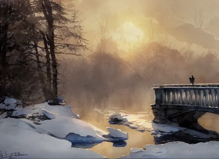 Image similar to watercolor of frozen lake, stone bridge, art by anders zorn, wonderful masterpiece by greg rutkowski, beautiful cinematic light, american romanticism by greg manchess, creation by tyler edlin