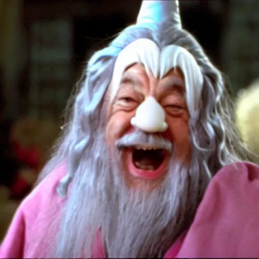 Prompt: portrait of laughing Gandalf dressed up as hello kitty, movie still from Lord of the Rings