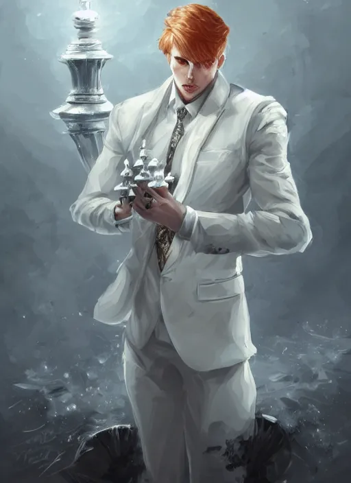 Image similar to a highly detailed illustration of short ginger haired man wearing white suit, dramatic holding chess piece pose, intricate, elegant, highly detailed, centered, digital painting, artstation, concept art, smooth, sharp focus, league of legends concept art, WLOP