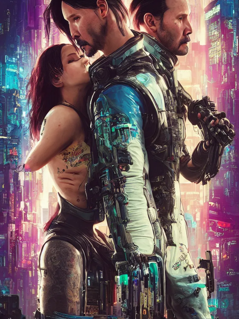 Image similar to a cyberpunk 2077 srcreenshot wedding couple portrait of Keanu Reeves and female android final kiss,love,film lighting,by Laurie Greasley,Lawrence Alma-Tadema,Dan Mumford,John Wick,Speed,Replicas,artstation,deviantart,FAN ART,full of color,Digital painting,face enhance,highly detailed,8K,octane,golden ratio,cinematic lighting