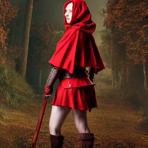 Prompt: full body photo red riding hood christina hendricks armoured warrior, highly detailed, 4k, HDR, award-winning photo