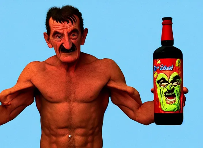 Image similar to barry chuckle chugging a bottle of snake oil, artwork by richard corben, 3 d, high resolution 8 k