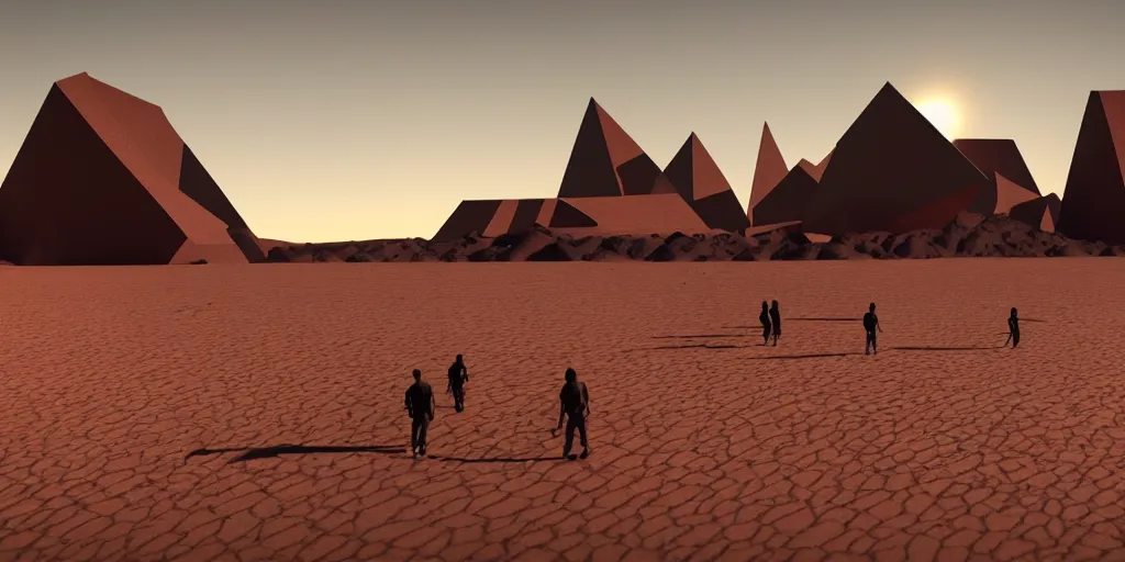 Prompt: an enormous tall alien black geometric rectangle in the desert, a large line of people are walking toward it in a line! starting at the foreground and ending at the building, single file, in the foreground on a rock is an alien creature catching a fly with its tongue, two suns are in the sky, clear skies, volumetric light, hyperdetailed, artstation, cgsociety, 8k