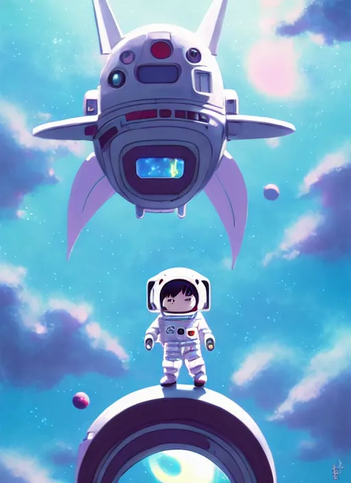 Image similar to portrait of cute kawaii astronaut android riding a neonpunk kaiju dragon, nebulous background of dynamic space, a dramatic composition by wlop and greg rutkowski and makoto shinkai and studio ghibli and kyoto animation cute bubbly clothing