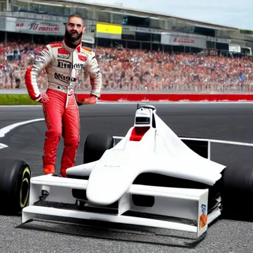 Image similar to Karim benzema in a formula 1 car racing Olivier giroud who's driving a kart