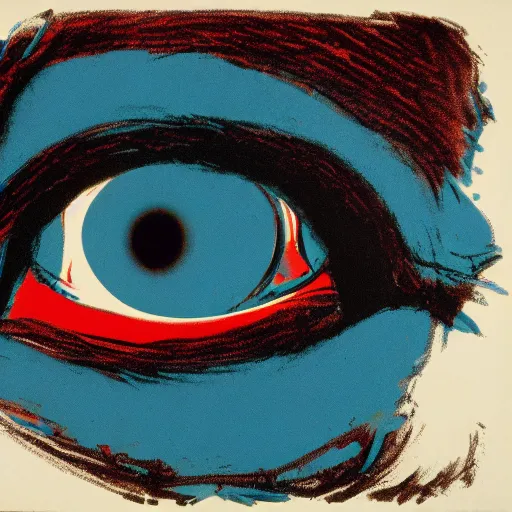 Image similar to tired by andy warhol, by edwin henry landseer warm blue, costume. a illustration of a large eye that is looking directly at the viewer. the eye is composed of a myriad of colors & patterns, & it is surrounded by smaller eyes.