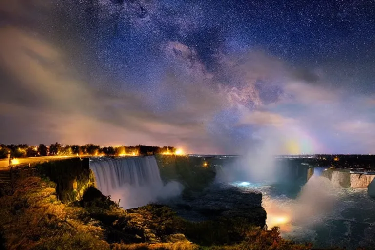 Prompt: beautiful nighttime landscape photography of Niagara Falls dramatic point of view, serene, dramatic lighting, milky way galaxy