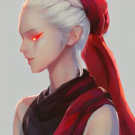 Image similar to portrait of a girl sorcerer with white hair in a messy white hairbun. She is wearing a short black tshirt, jeans pants, a red scarf. digital art, character design. in the style of wlop, rossdraws, artstation trending