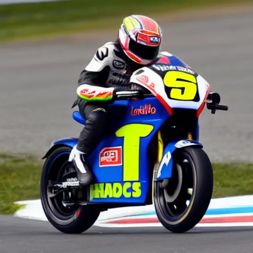 Prompt: lando norris, on a tiny motorbike, giving the middle finger