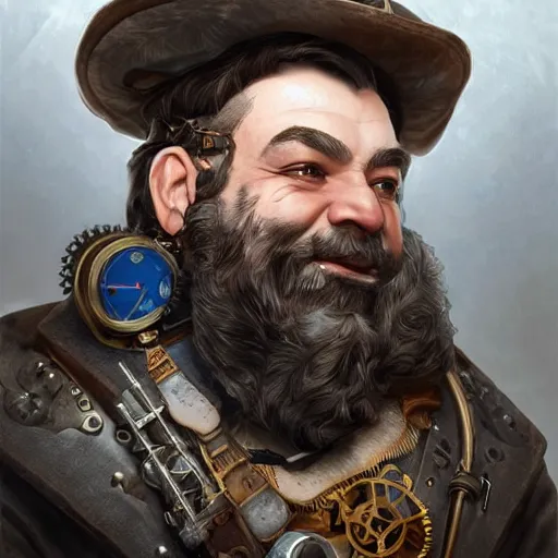 Image similar to Three quarters portrait of a male steampunk dwarf, highly detailed, digital painting, art by Stanley Lau and Artgerm and magali villeneuve and Alphonse Mucha, artstation, octane render, cgsociety