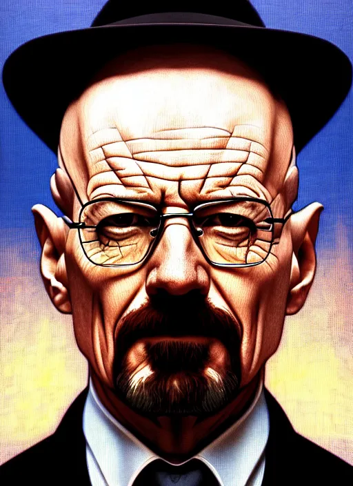 Image similar to oil portrait of walter white, intricate, elegant, highly detailed, lighting, painting, artstation, smooth, illustration, art by greg rutowski and alphonse mucha