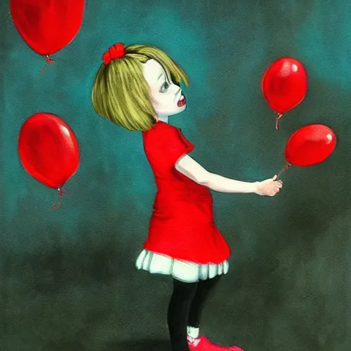 Prompt: emo fantasy painting of a little girl holding a red balloon by dr seuss | horror themed | creepy