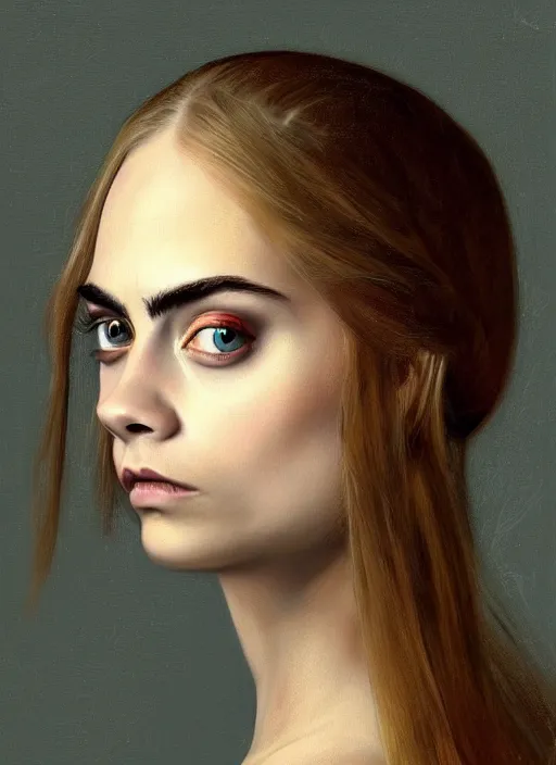 Prompt: cara delevingne painted by hieronymus bosch, detailed digital art, trending on Artstation