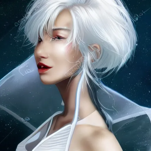 Image similar to beautiful white haired woman dressed in see through space suit in the style of zezhou chen art highly detailed, smooth, sharp focus