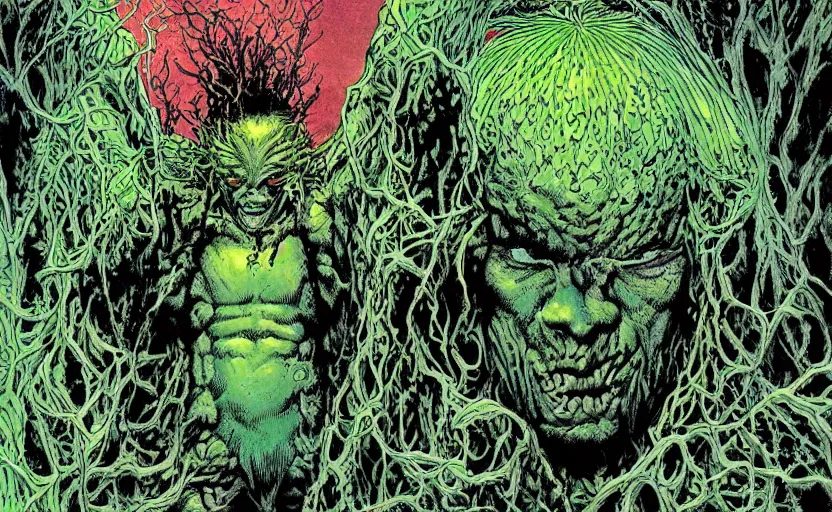 Prompt: a gorgeous hyper detailed semi symmetrical splash page DC comics color illustration of Swamp Thing going into the green having a transcendent psychedelic experience communicating with the elemental gods by John Totleben