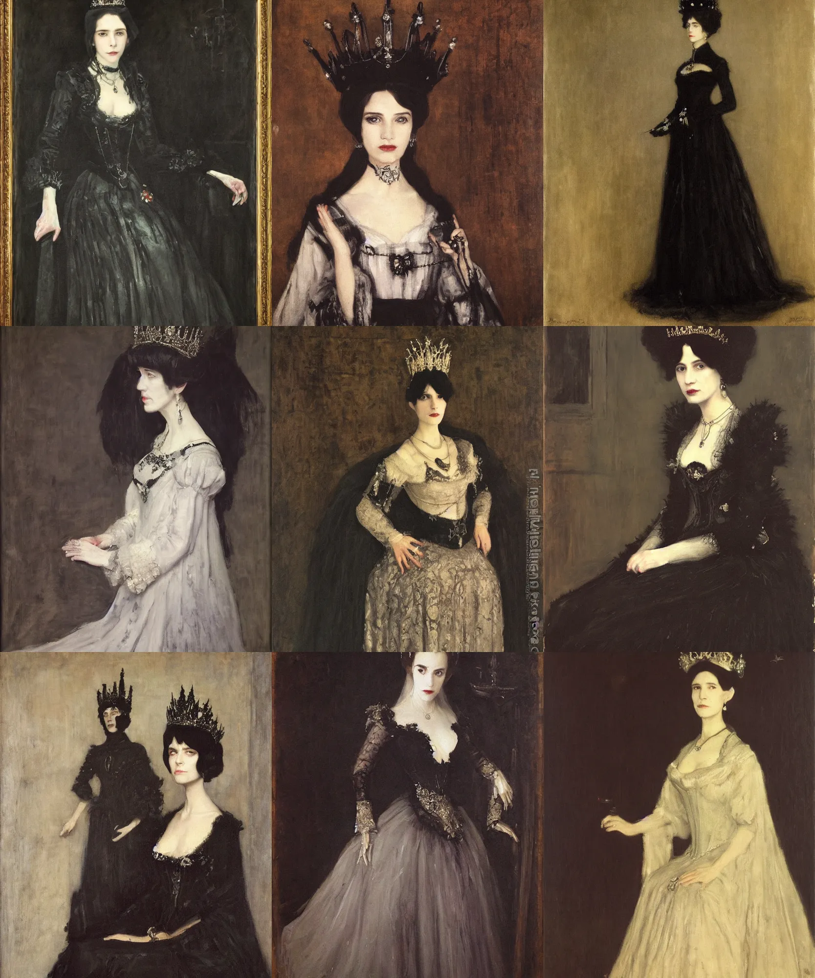 Prompt: The portrait of Lady in black wax crown by JAMES MCNEILL WHISTLER, dark fantasy, witcher, very detailed oil painting, masterpiece, 8k