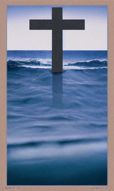 Image similar to upside - down cross rising out of a calm and serene!! ocean, album cover, relaxing tones, muted tones, expressionist, minimalist,