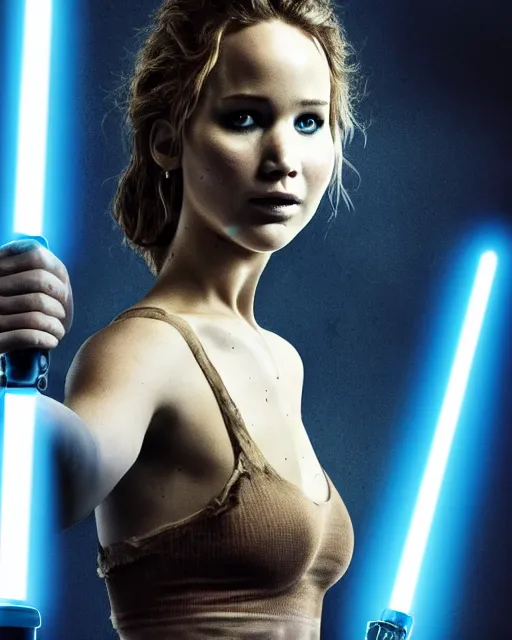 Image similar to jennifer lawrence, battle scared with ripped and damaged clothes, as a jedi holding up a blue lightsaber, very dark background, official new star wars episode xi movie poster from lucas arts, perfect symmetrical face, moody lighting, 8 k, shallow depth of field, intricate detail,