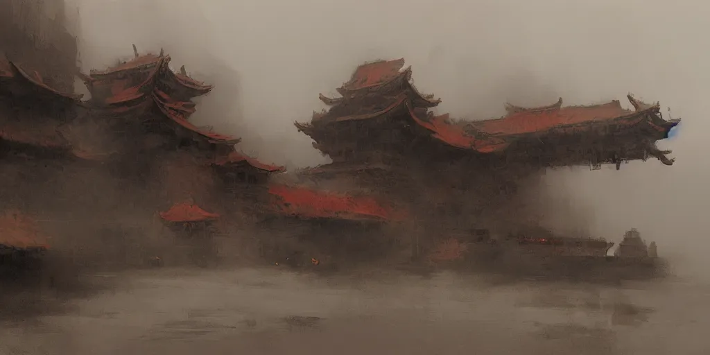 Prompt: on a foggy morning, cloudy day, spaceship crashing into an ancient chinese building above the ocean, by craig mullins