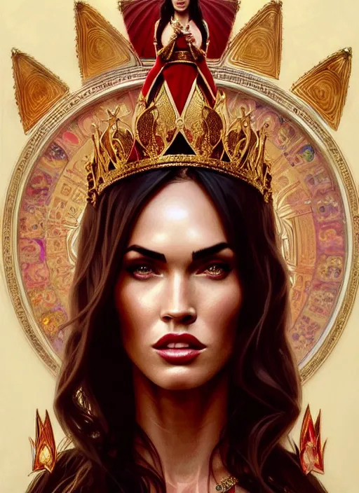 Image similar to portrait of megan fox as a queen, throne, jewelry, greek, ruby, intricate, headshot, highly detailed, digital painting, artstation, concept art, sharp focus, cinematic lighting, illustration, art by artgerm and greg rutkowski, alphonse mucha, cgsociety