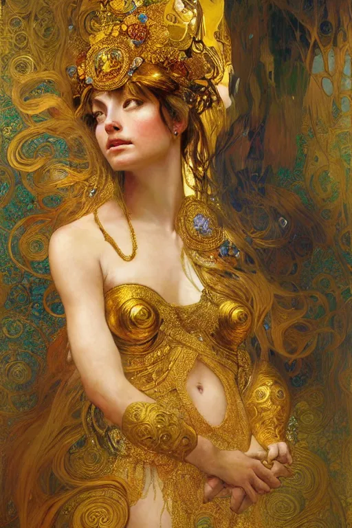 Image similar to an intricate artistic pose painting of a beautiful young goddess with an artistic sensual pose with klimt golden motives and textures, hyper detailed, ornamental gold headpiece, octane render, vivid colors, artstation, by jeremy mann, by alphonse mucha, by boris vallejo