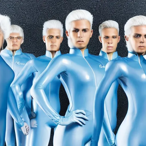 Image similar to troop of identical athletic humans with white hair wearing tight light blue latex suits, in formation, futuristic chemistry lab, sci - fi, highly detailed, hyperrealistic