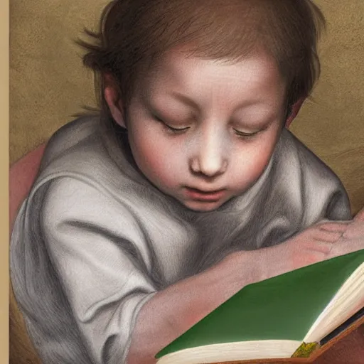 Prompt: hyperrealistic hyperdetailed half-lenght portrait of child, reading an elaborated illustrated book. in the style of Michelangelo. amazing textures. HD 8x no frame