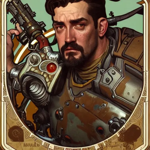 Image similar to full portrait of fallout 4 kevin smith, fantasy, d & d, intricate, detailed, by by alphonse mucha, adolfo hohenstein, alice russell glenny, stanley artgerm lau, greg rutkowski, detailed, trending on artstation, trending on artstation, smooth