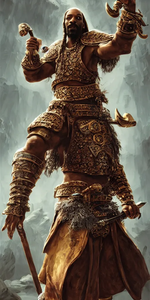 Prompt: snoop dogg as a barbarian, short beard, grumpy, plate armor, Ivan Aivakovsky, epic fantasy character art, D&D Concept Art, magic the gathering, full length, ultra Realistic, Regal, Refined, Detailed Digital Art, Exquisite detail, post-processing, masterpiece, Cinematic Lighting, Unreal Engine, 8k, HD,