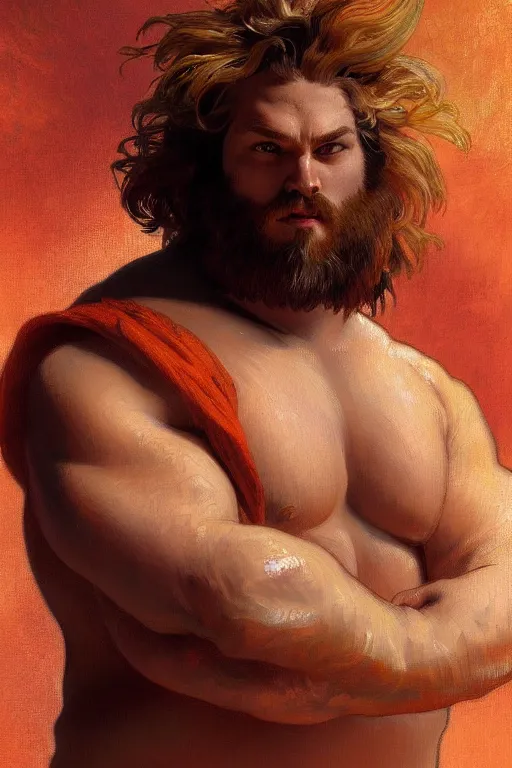 Image similar to painted portrait of rugged fat orange cat, god of thunder, greek god, masculine, powerful, handsome, upper body, white robe, muscular, fantasy, intricate, elegant, highly detailed, digital painting, artstation, concept art, smooth, sharp focus, illustration, art by gaston bussiere and alphonse mucha