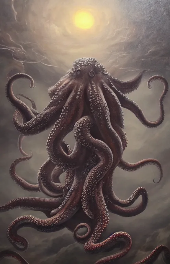 Image similar to a giant octopus monster moving through a foggy and dim city, extremely detailed!!! oil painting, dull palette